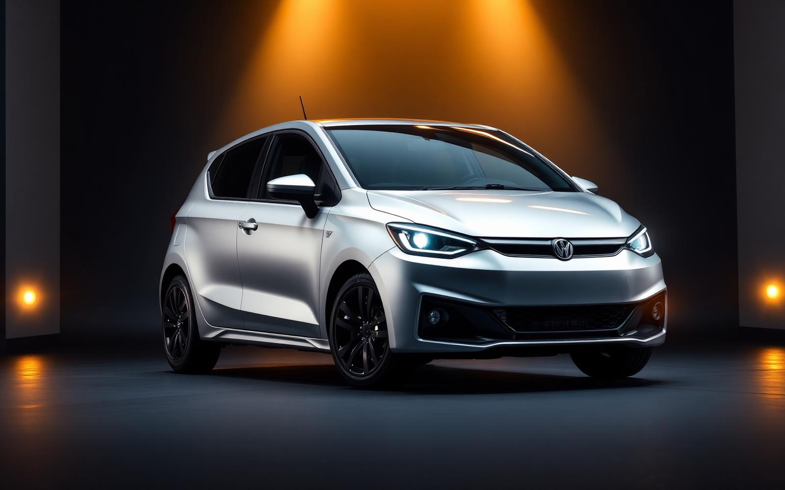 The new hatchback up for grabs, lit by a spotlight